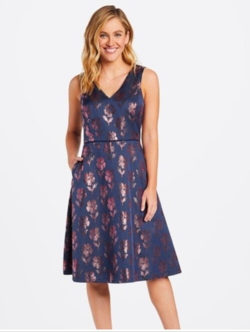 Draper James Navy Metallic Floral Jacquard Midi Dress Womens Size 4 Night‎ Out